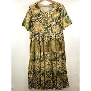 Vintage Womens Animal Print Patchwork Tiered Midi Dress Sz‎ L Cotton Boho Jungle